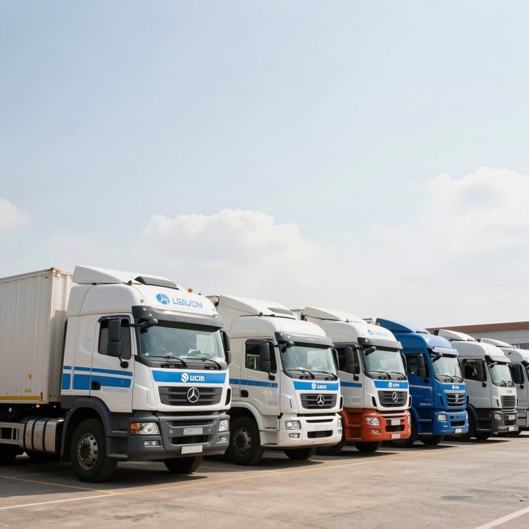 A fleet of modern logistics trucks with blue branding parked at a clean terminal in Accra, Ghana, under a bright sky.