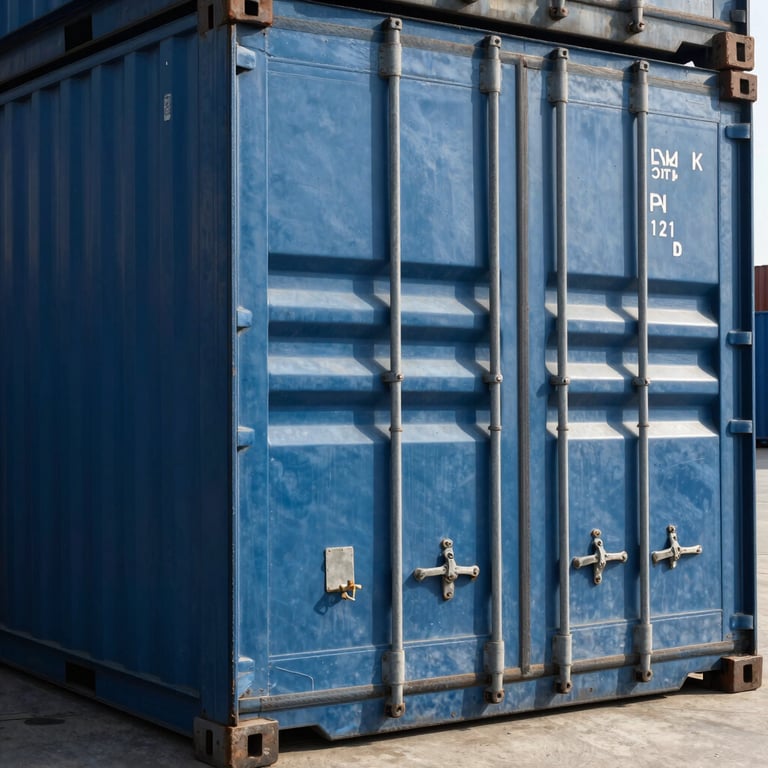 Detailed shot of a shipping container being secured at a logistics hub, royal blue metal texture, sunlight.