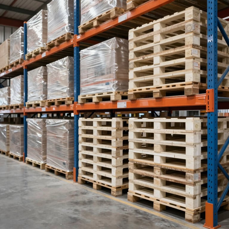 A clean, modern warehouse interior in Ghana with high shelves and organized cargo palettes in off-white and blue.