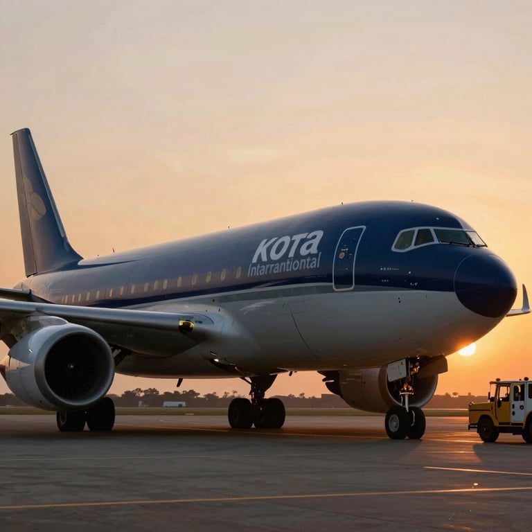 A cargo airplane being unloaded at sunset at Kotoka International Airport, deep navy and orange hues.