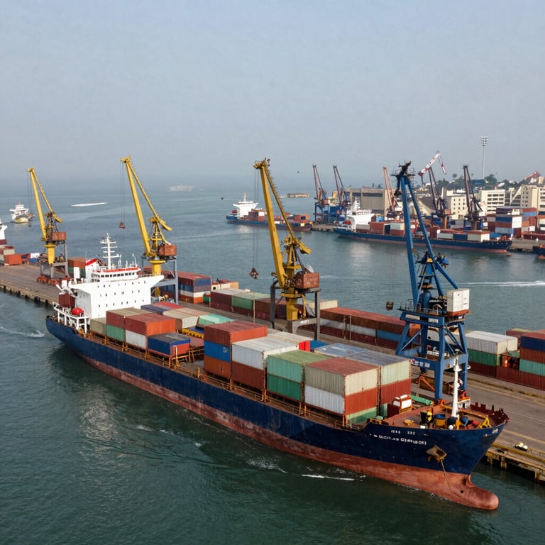 Wide aerial view of a busy shipping port in Ghana with multiple vessels and cranes, professional corporate style.