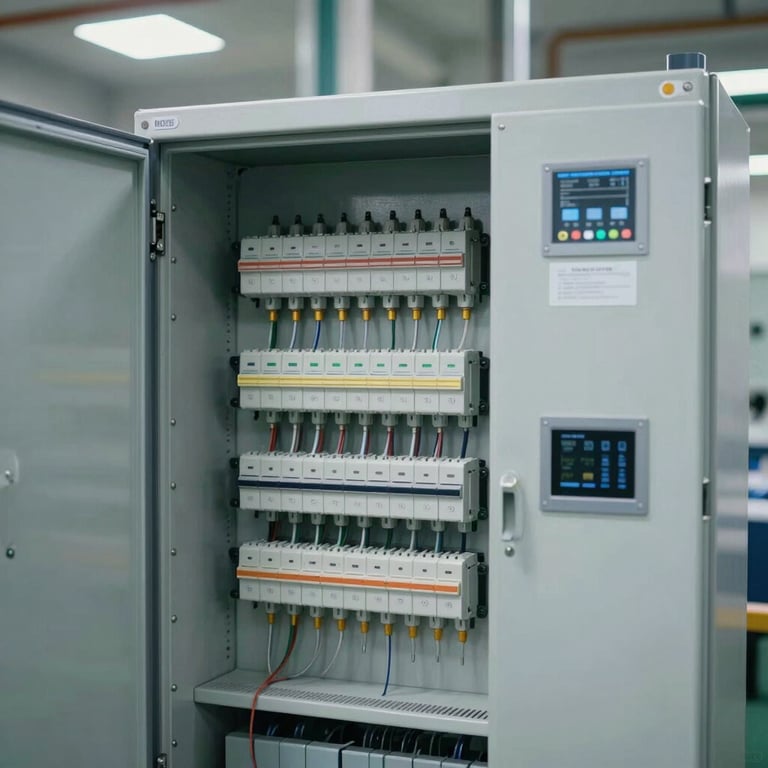 A Main Distribution Board (MDB) in a modern industrial facility, featuring a clean and organized internal layout.