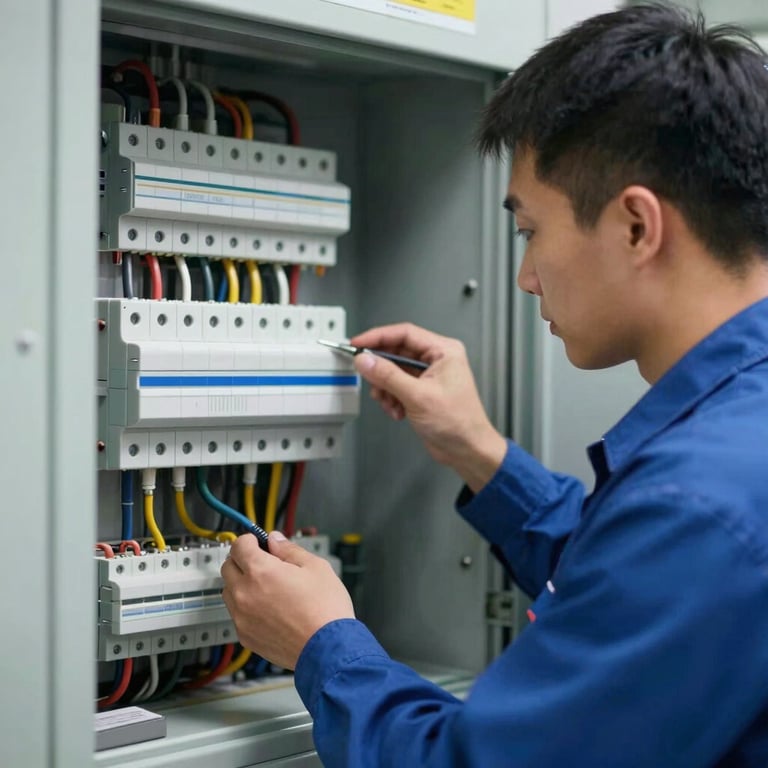 A technician inspecting a Sub-Main Distribution Board (SMDB) with high-quality electrical components.
