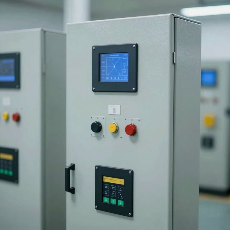 An industrial pump control panel with digital measurement displays and safety protection modules.