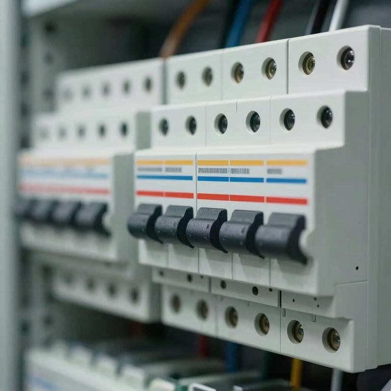 A detailed shot of electrical circuit breakers and switchgear components in a professional industrial setting.