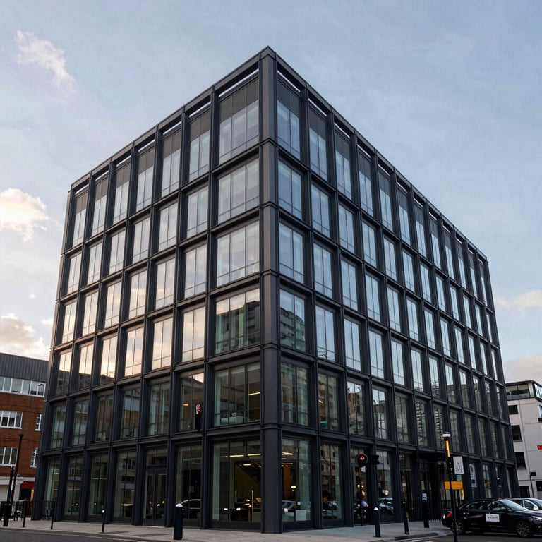 Exterior of a modern commercial office building in Ilford, London, under a soft daylight, professional photography.