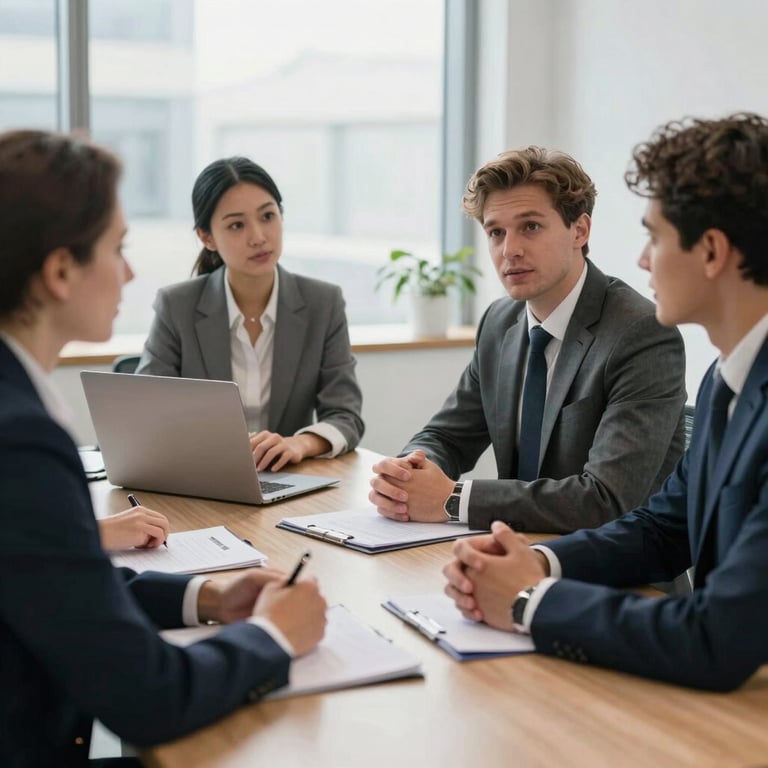 A group of diverse professionals in business attire engaged in a strategic meeting in a bright, modern British office space.