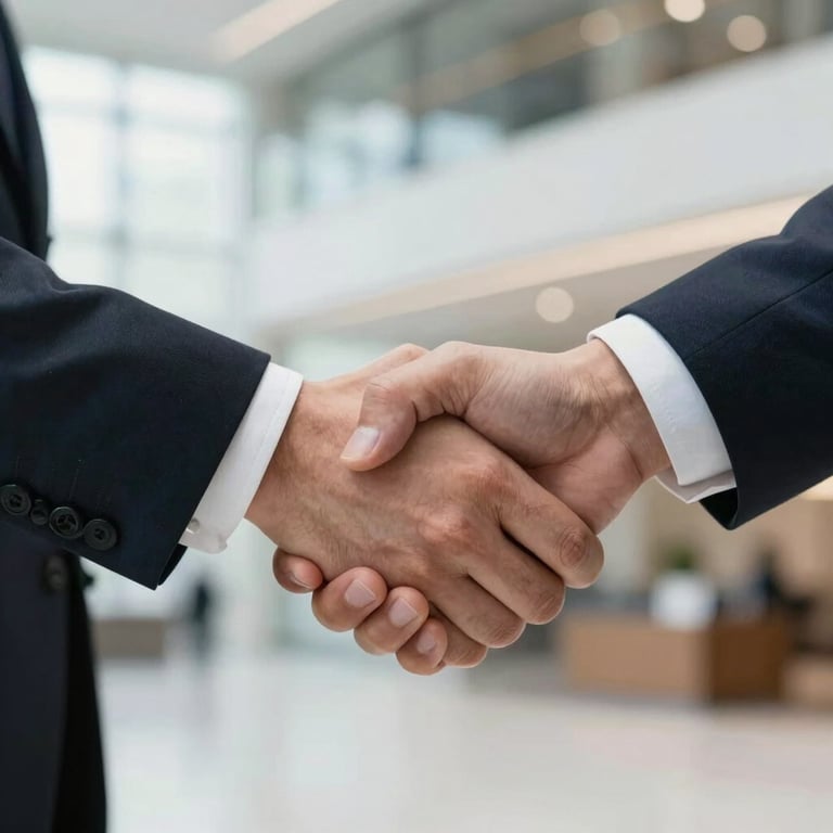 Close-up of a professional handshake in a bright United Kingdom lobby, conveying trust and corporate reliability.