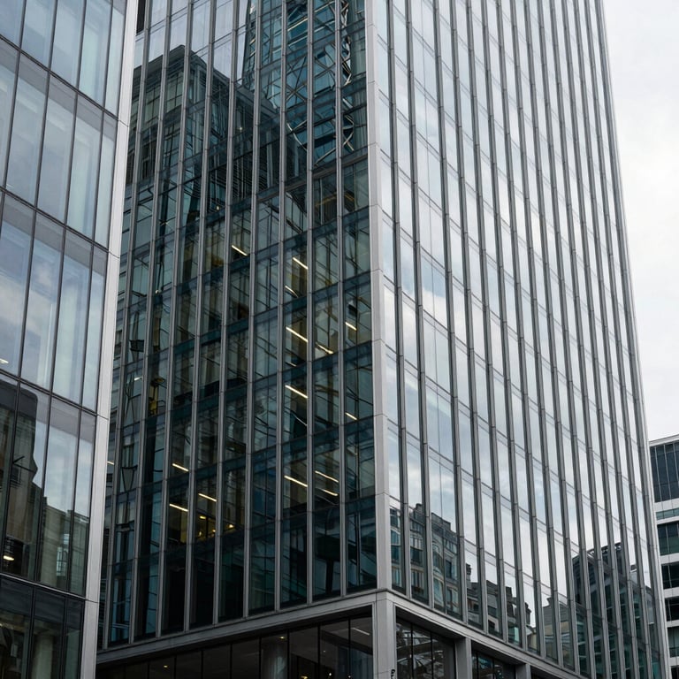 Minimalist architectural detail of a modern glass skyscraper in the City of London financial district.