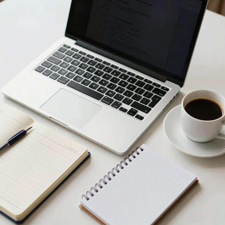 High-angle shot of a clean workspace with a laptop, notebook, and coffee, reflecting a modern financial services firm.