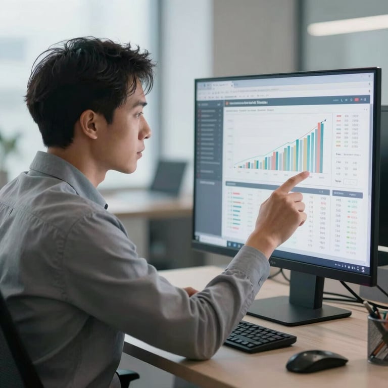 A focused business professional in the United Kingdom analyzing financial data on a sleek screen in a clean, sophisticated office.