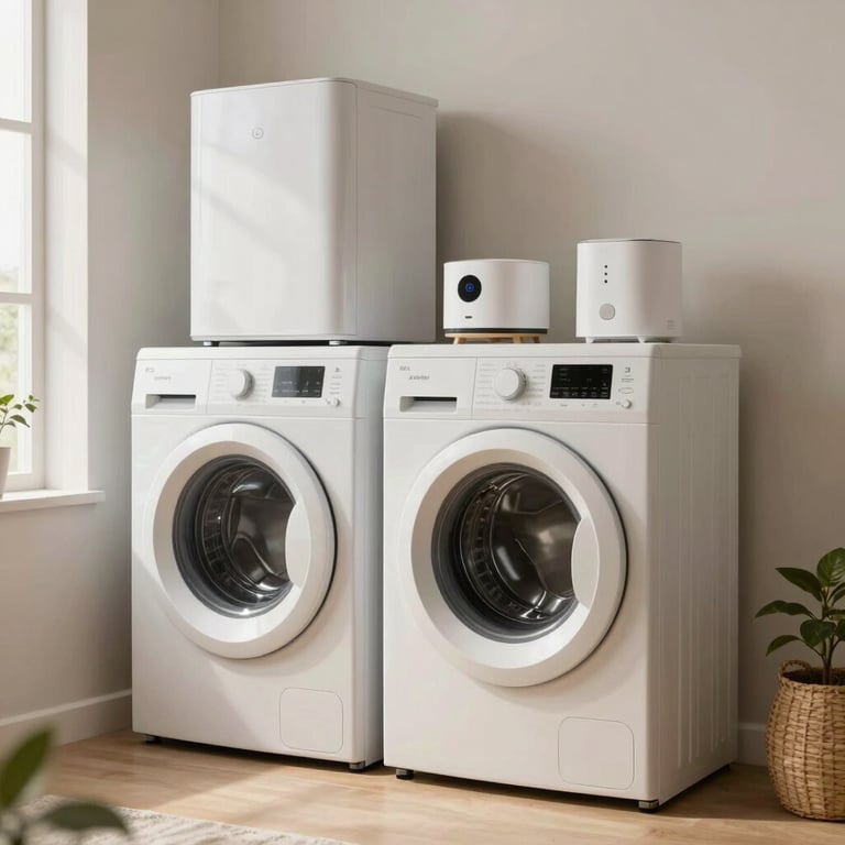 A collection of smart home appliances in a bright, modern laundry room with a soft off-white color palette in a Brazilian apartment.