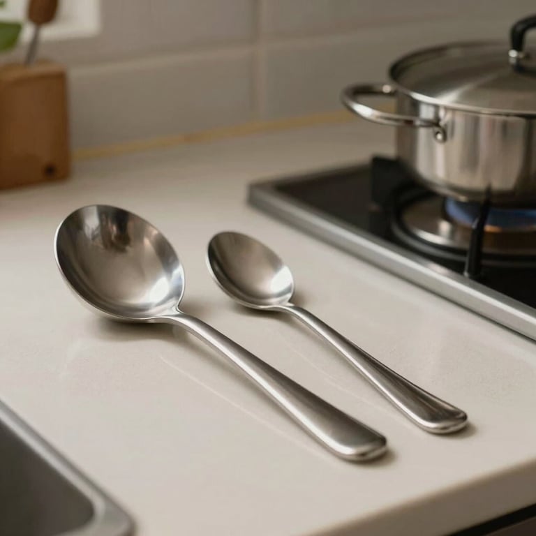 A close-up of premium stainless steel kitchen utensils on a soft off-white countertop in a South American / Brazilian home kitchen.