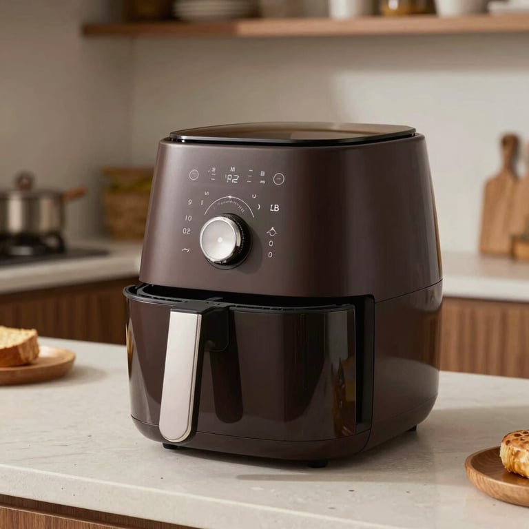 A sleek, modern air fryer in deep espresso finish, placed in a contemporary South American / Brazilian kitchen setting.