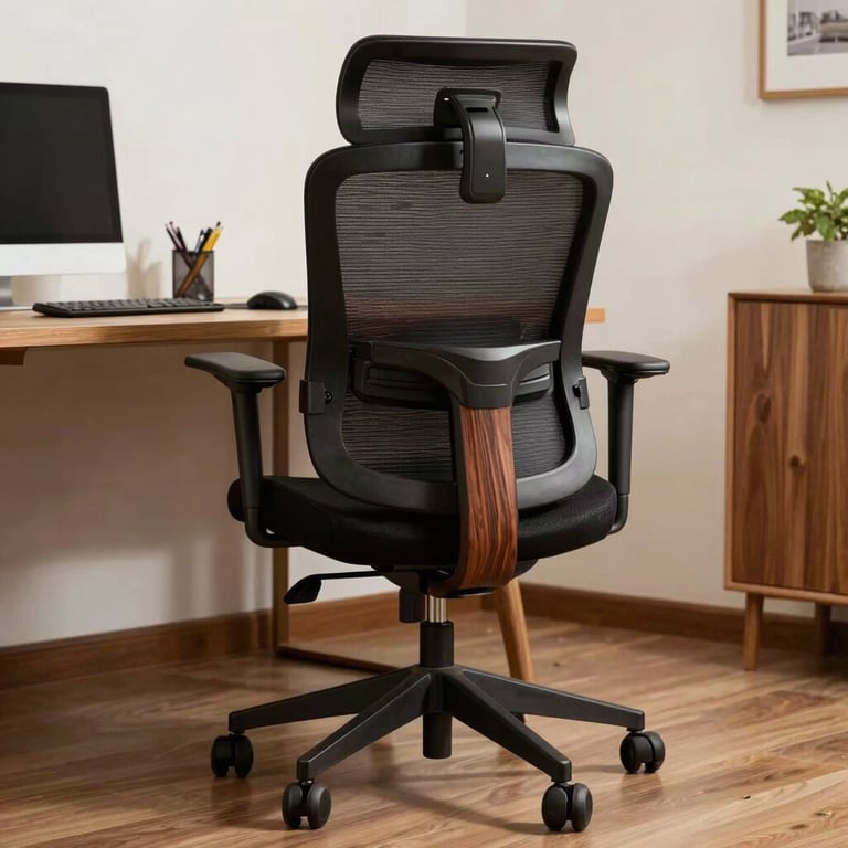 A high-end ergonomic chair in a home office setting with deep espresso wood accents in a South American / Brazilian context.