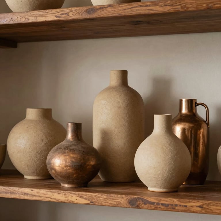 A set of minimalist decorative vases in warm sand and earthy bronze on a wooden shelf in a refined South American / Brazilian house.