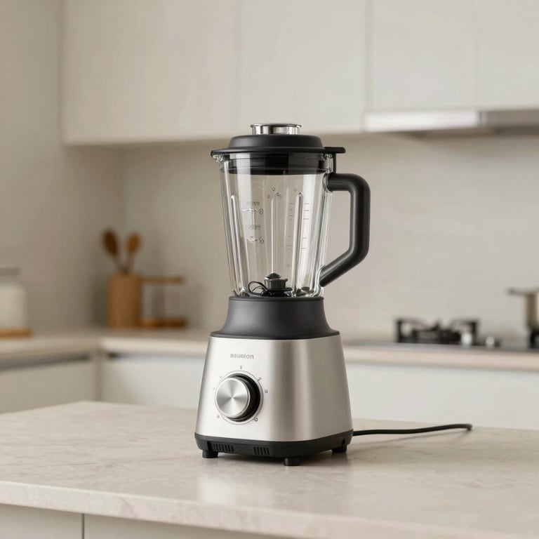 A luxury blender and food processor on a clean kitchen island with soft off-white lighting in a modern Brazilian interior.
