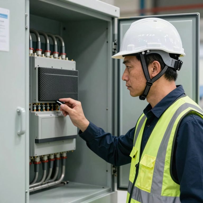 An engineer wearing a white hard hat and safety vest inspecting an industrial electrical panel with Carbon Gray components.