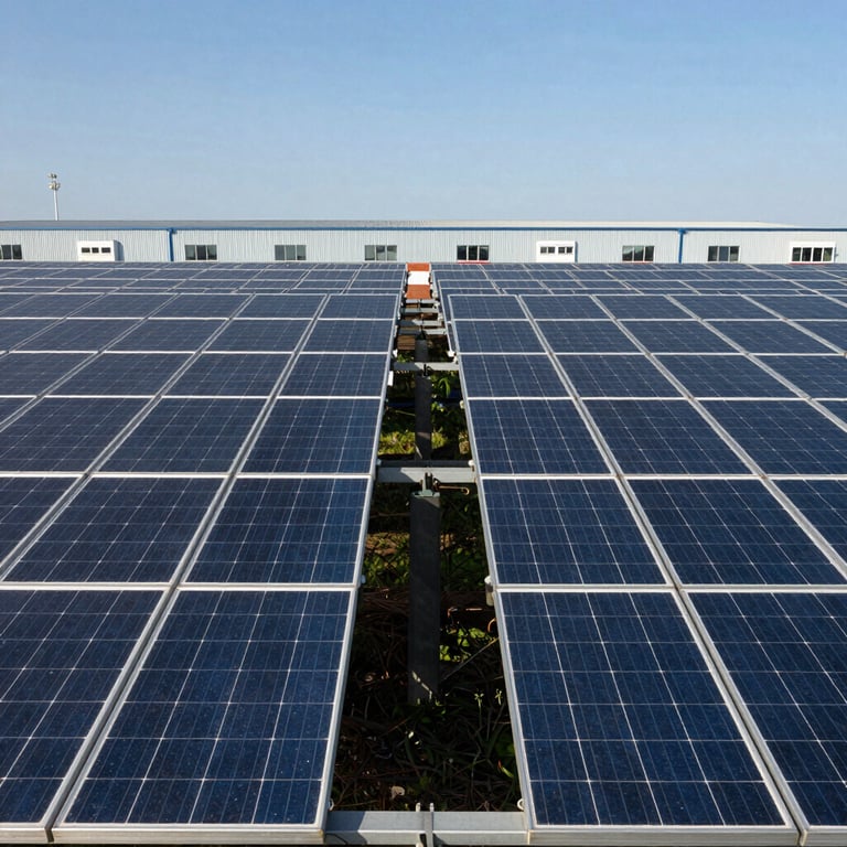 Symmetrical rows of solar panels in a European industrial park under a clear sky, high precision photography.
