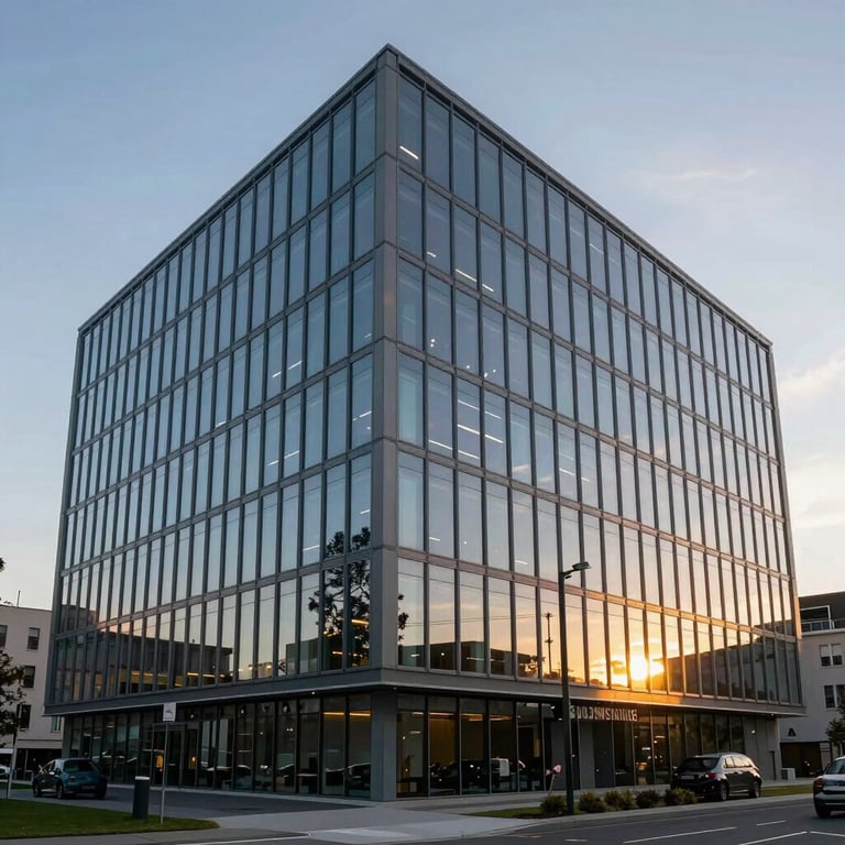 Exterior of a modern sustainable office building with glass facade reflecting a sunset, authoritative architecture.