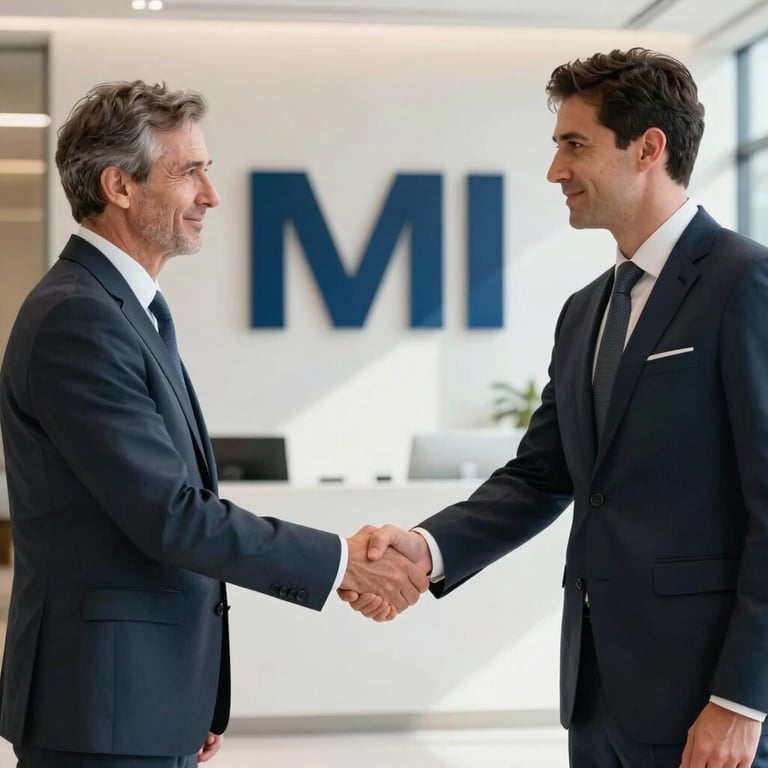 Two executives in professional attire shaking hands in a bright, modern lobby with Deep Navy Blue branding.