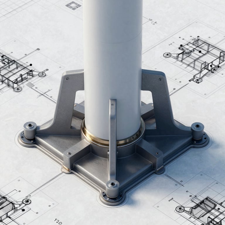 Detailed macro shot of technical blueprints for a wind turbine foundation, professional drafting style.