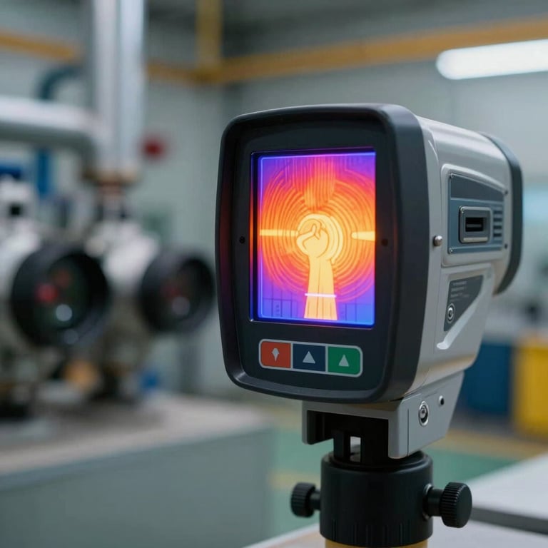 Close-up of a digital thermal imaging camera showing heat loss in an industrial facility, representing an energy audit.