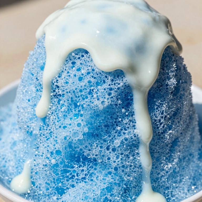 Macro photography of sweetened condensed milk dripping down a towering mound of blue raspberry shaved ice, direct summer sunlight, vibrant saturated colors, 35mm lens