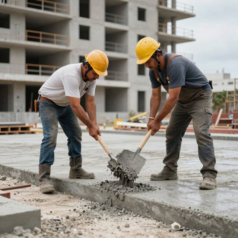 Construction workers professionally pouring a concrete slab for a new condominium structure in Cancún.