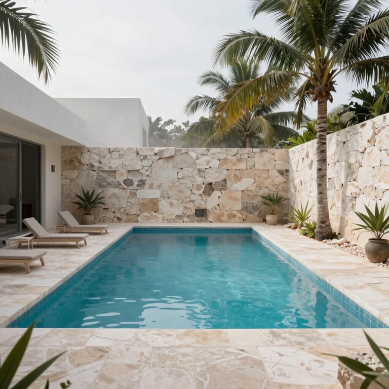 A residential swimming pool under construction in Tulum, surrounded by pale mist stone and tropical palms.