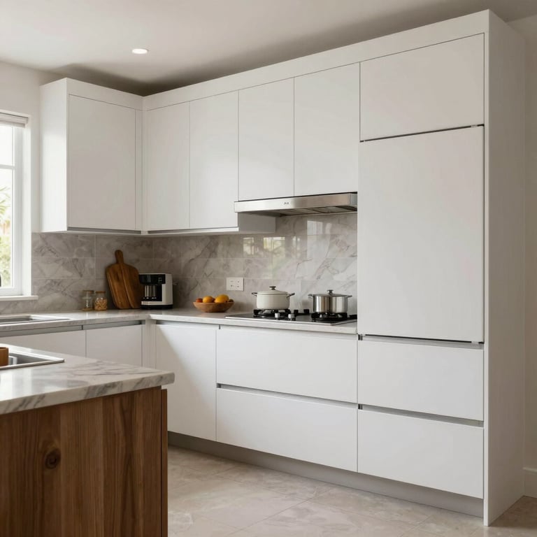 A modern kitchen interior with almond white cabinetry and sleek finishes in a North American / Mexican / Yucatán home.