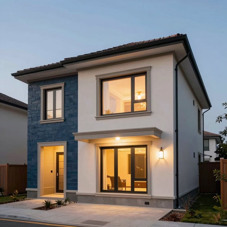 The exterior of a finished residential project at dusk, with warm lighting against slate blue and almond white walls.