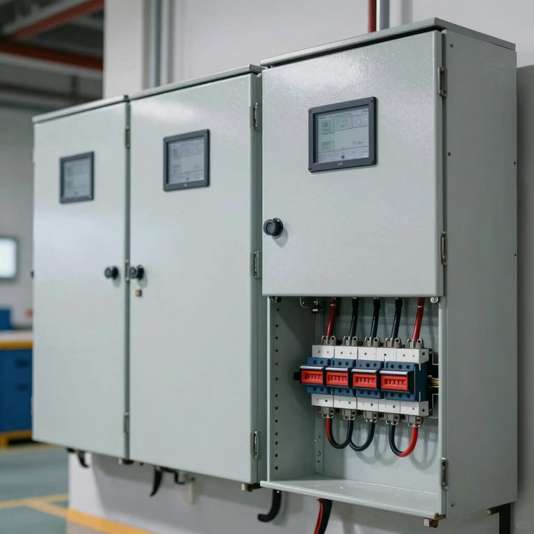 The installation of modern electrical panels in a new commercial building, demonstrating precision and order.