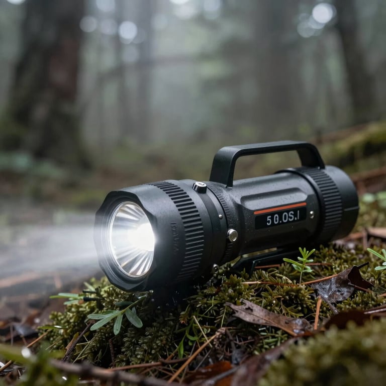 A high-output tactical flashlight casting a powerful beam through mist in a dense Western woodland, highlighting its rugged aluminum build.