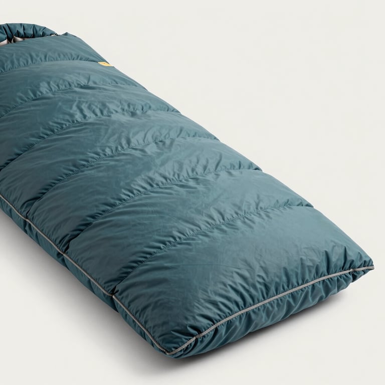 A studio product shot of a high-fill power sleeping bag in muted teal, showing fine stitching and durable materials against an off-white background.