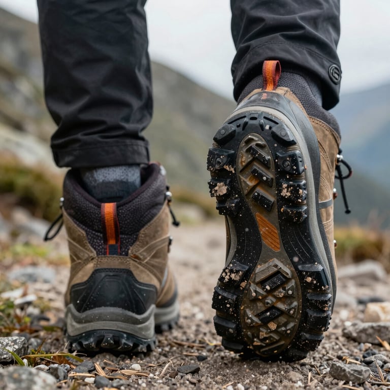 Detail shot of a pair of high-performance hiking boots with a complex rubber sole grip, covered in light dust on a mountain trail.