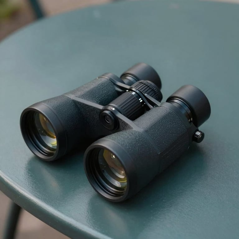Professional binoculars resting on a sleek dark teal metal table, sharp focus on the multi-coated glass lenses and robust casing.