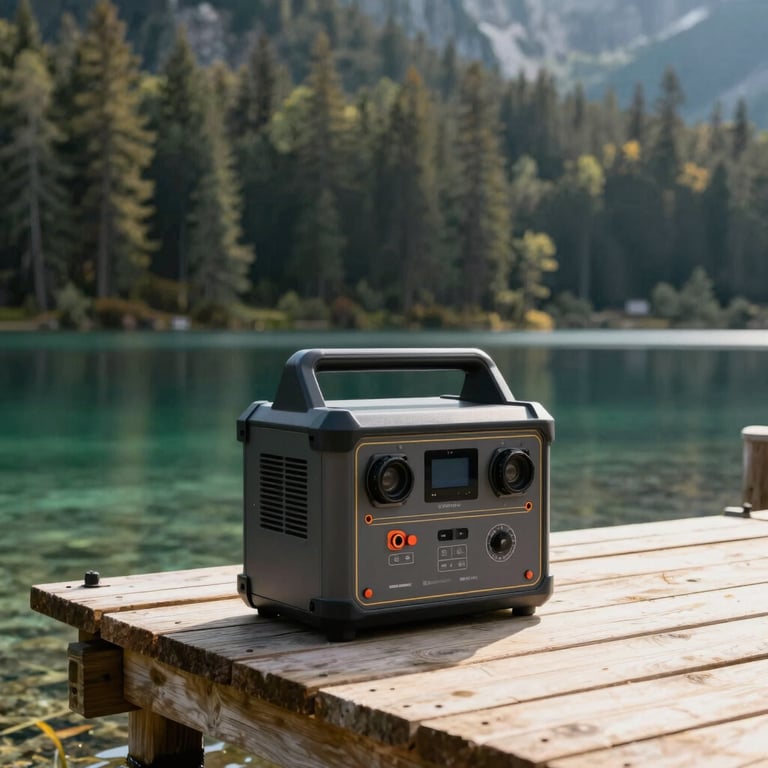 A rugged portable power station sitting on a wooden dock next to a crystal clear alpine lake in a Western forest, morning light.