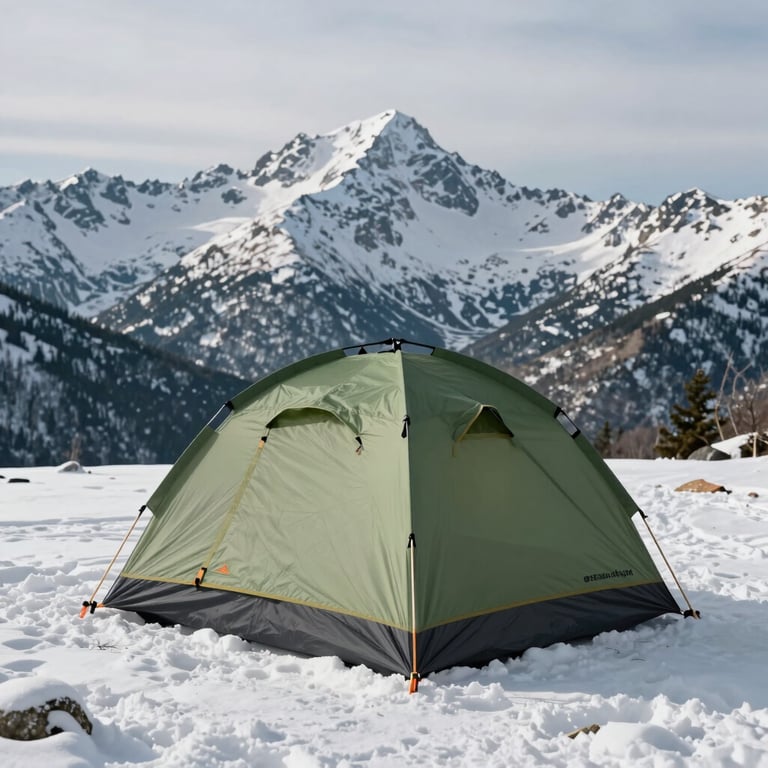 A wide-angle landscape shot of a premium sage green basecamp tent on a snowy Western mountain ridge, professional expedition photography.