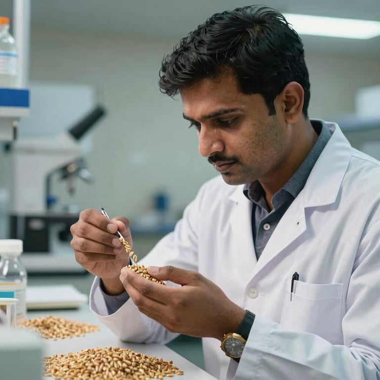 A South Asian / Indian quality control specialist in a laboratory setting inspecting grain samples for purity.