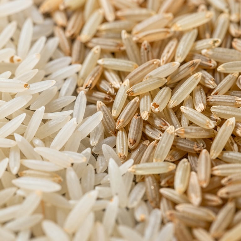 A macro shot of different types of rice grains, including Basmati and long grain, arranged professionally.