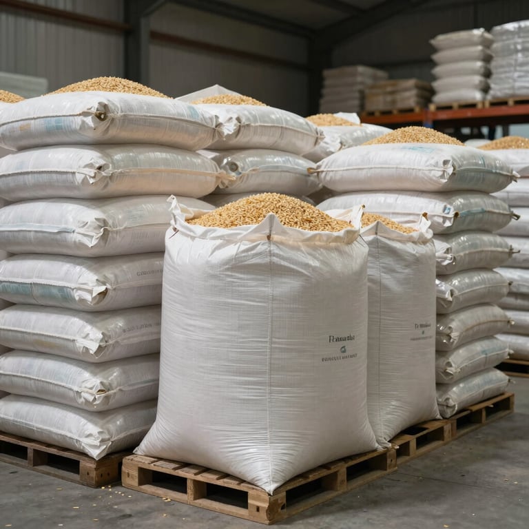 Interior of a modern, organized Indian warehouse with large white sacks of grain stacked neatly for export.
