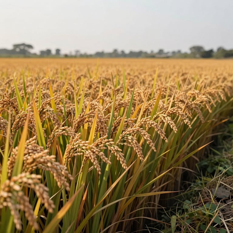 A sunlit Indian rice field ready for harvest, with golden stalks swaying in a clean, natural landscape.