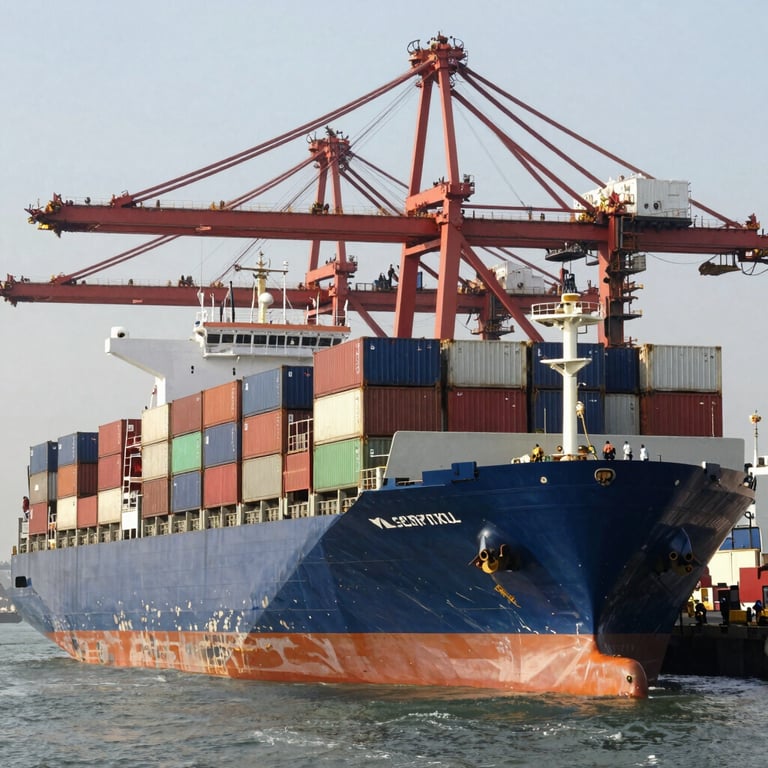 A large container ship being loaded at a bustling Indian port, symbolizing global reach and logistics.