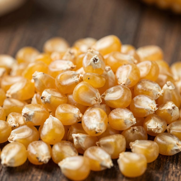A professional close-up of premium yellow maize kernels on a dark, earthy-colored background.