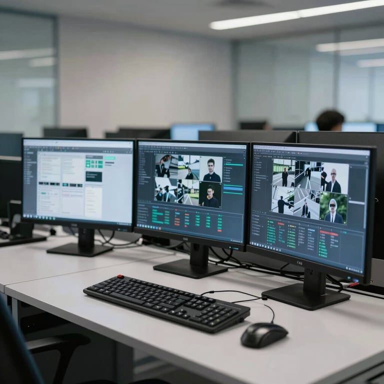 A professional workstation showing multiple monitoring screens with security data, in a clean and modern network operations center.