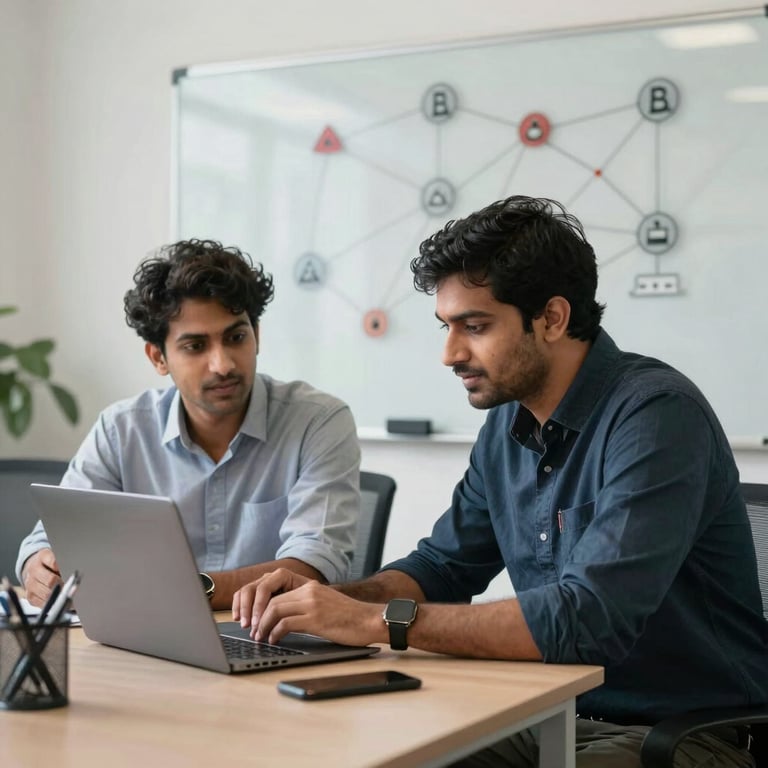 Two IT professionals in a collaborative meeting in a bright office in Pune, with a whiteboard featuring network diagrams in the background.