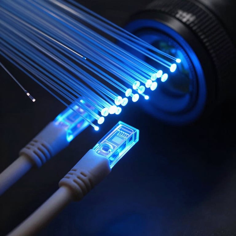 Macro photograph of glowing blue fiber optic cables transmitting data, representing high-speed connectivity and cutting-edge tech.