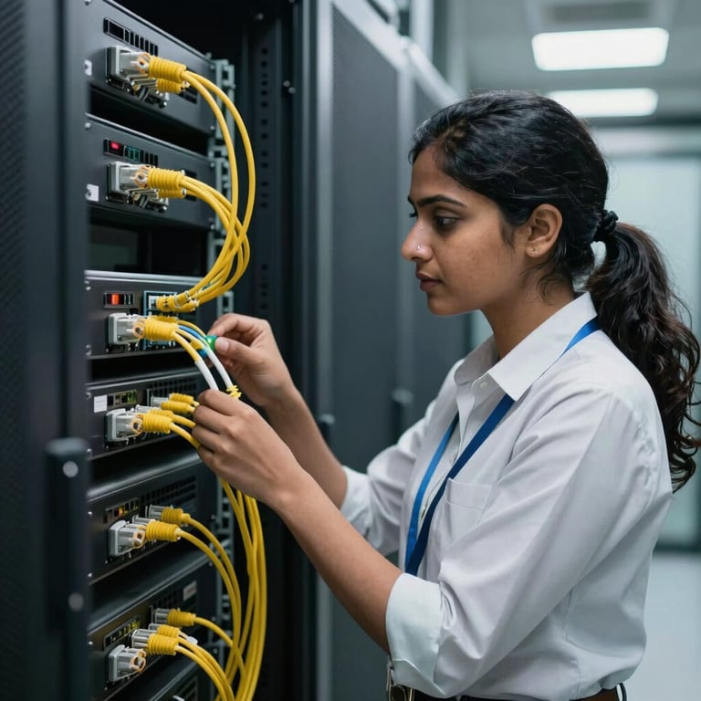 A South Asian female network engineer inspecting fiber optic connections in a modern server room, wearing professional tech attire.