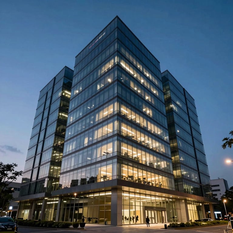 A sleek, modern office building exterior in an Indian IT park during twilight, with deep blue skies and bright interior lights.